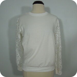 SHEIN Top L LARGE Womens White Crewneck Floral Lace Long Sleeves Ribbed Trims